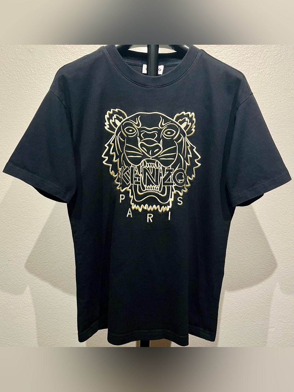 Kenzo Black Crewneck Tee with Cream Tiger Embroidery - Size M (Men’s)